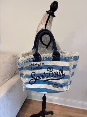 MC2 SAINT BARTH Striped Logo Print Beach Bag in blue and white